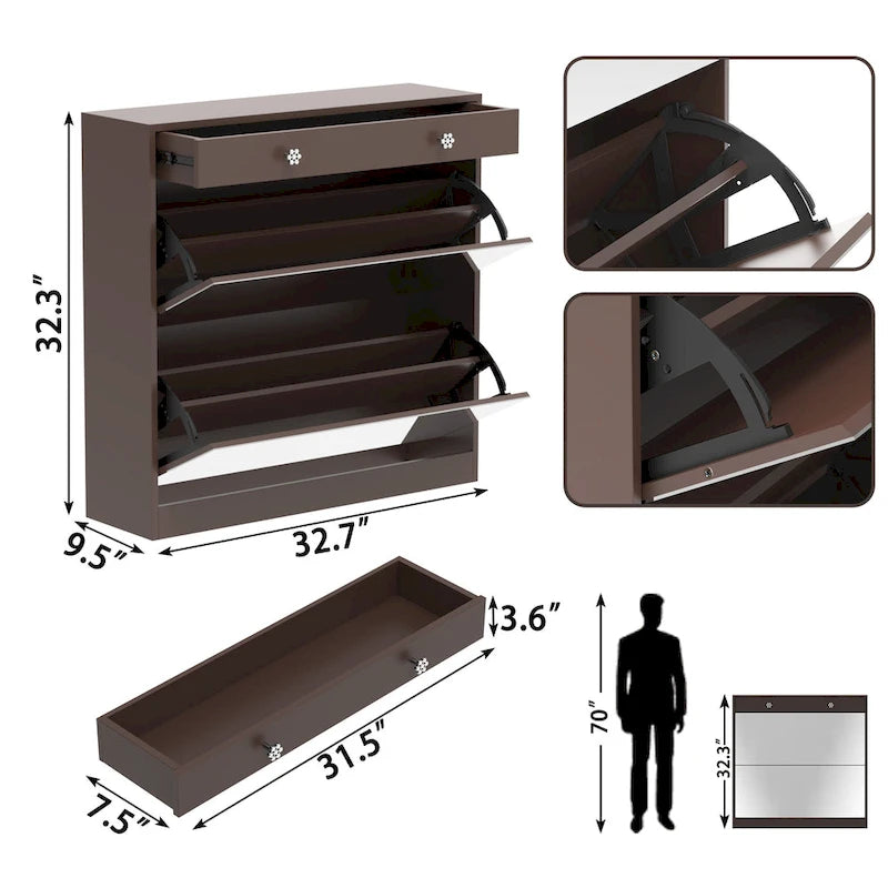Mirror Shoe Cabinet with 2 Flip Drawers & Barn Door Design, Freestanding Shoe Cabinet Organizer with Drawer and Shelves