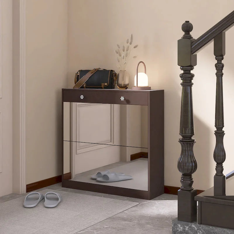 Mirror Shoe Cabinet with 2 Flip Drawers & Barn Door Design, Freestanding Shoe Cabinet Organizer with Drawer and Shelves