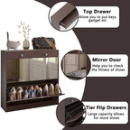 Mirror Shoe Cabinet with 2 Flip Drawers & Barn Door Design, Freestanding Shoe Cabinet Organizer with Drawer and Shelves