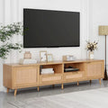 Rattan TV Stand for 85" TVs with Solid Wood Legs & LED Lights – 78.74"