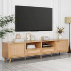Rattan TV Stand for 85" TVs with Solid Wood Legs & LED Lights – 78.74"