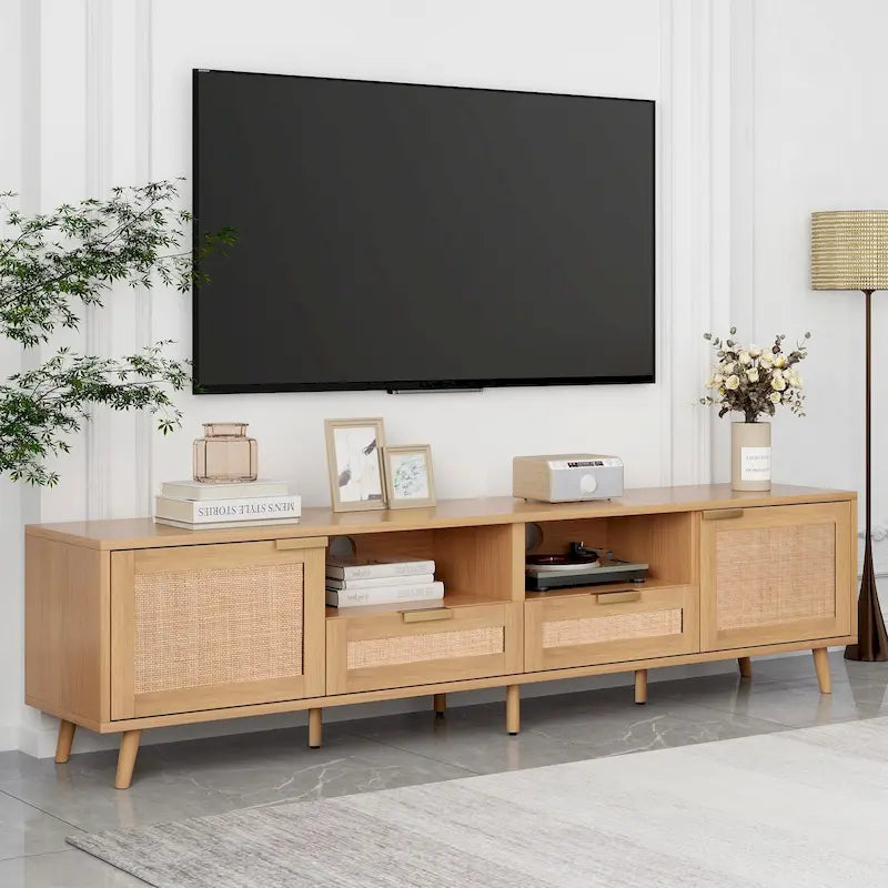 Rattan TV Stand for 85" TVs with Solid Wood Legs & LED Lights – 78.74"