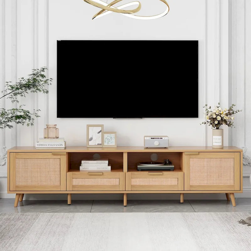 Rattan TV Stand for 85" TVs with Solid Wood Legs & LED Lights – 78.74"