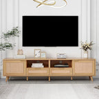 Rattan TV Stand for 85" TVs with Solid Wood Legs & LED Lights – 78.74"