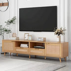Rattan TV Stand for 85" TVs with Solid Wood Legs & LED Lights – 78.74"