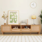 Rattan TV Stand for 85" TVs with Solid Wood Legs & LED Lights – 78.74"