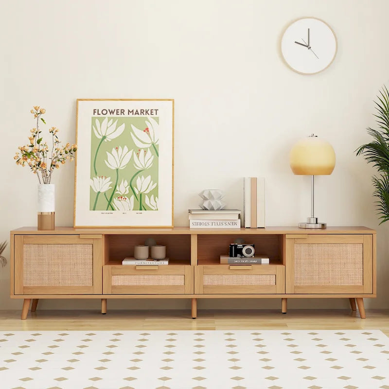 Rattan TV Stand for 85" TVs with Solid Wood Legs & LED Lights – 78.74"
