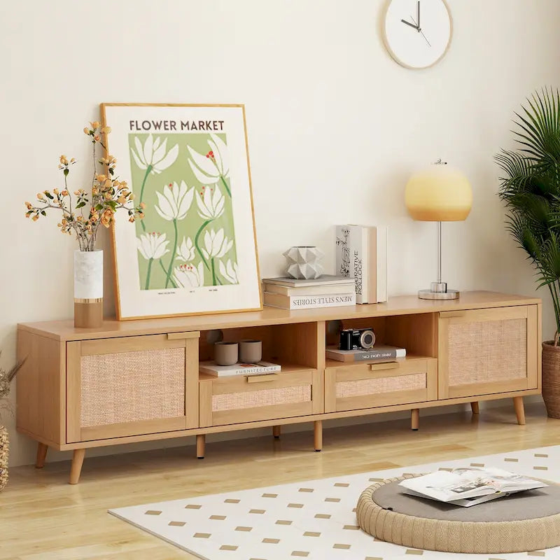Rattan TV Stand for 85" TVs with Solid Wood Legs & LED Lights – 78.74"