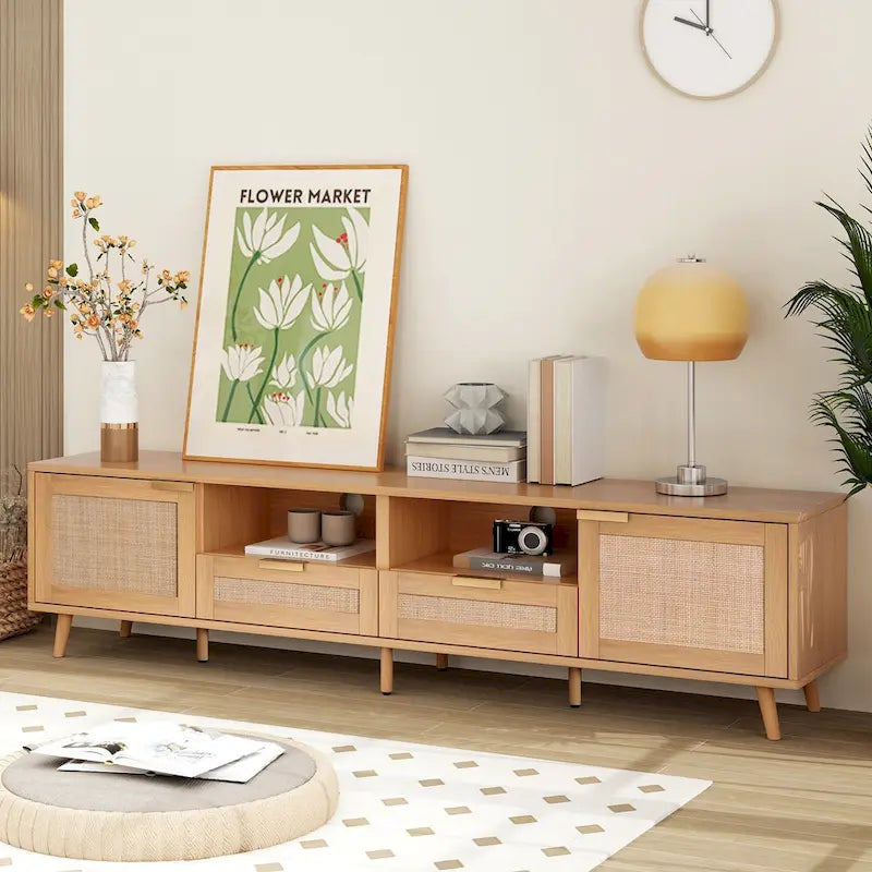 Rattan TV Stand for 85" TVs with Solid Wood Legs & LED Lights – 78.74"