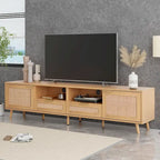 Rattan TV Stand for 85" TVs with Solid Wood Legs & LED Lights – 78.74"