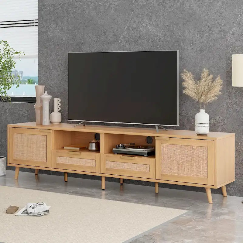 Rattan TV Stand for 85" TVs with Solid Wood Legs & LED Lights – 78.74"