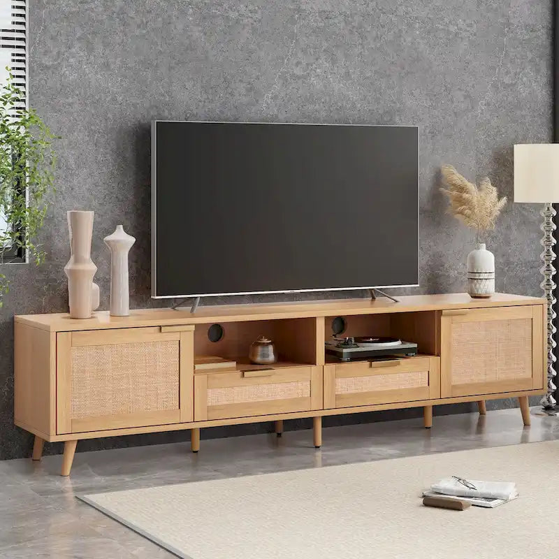 Rattan TV Stand for 85" TVs with Solid Wood Legs & LED Lights – 78.74"