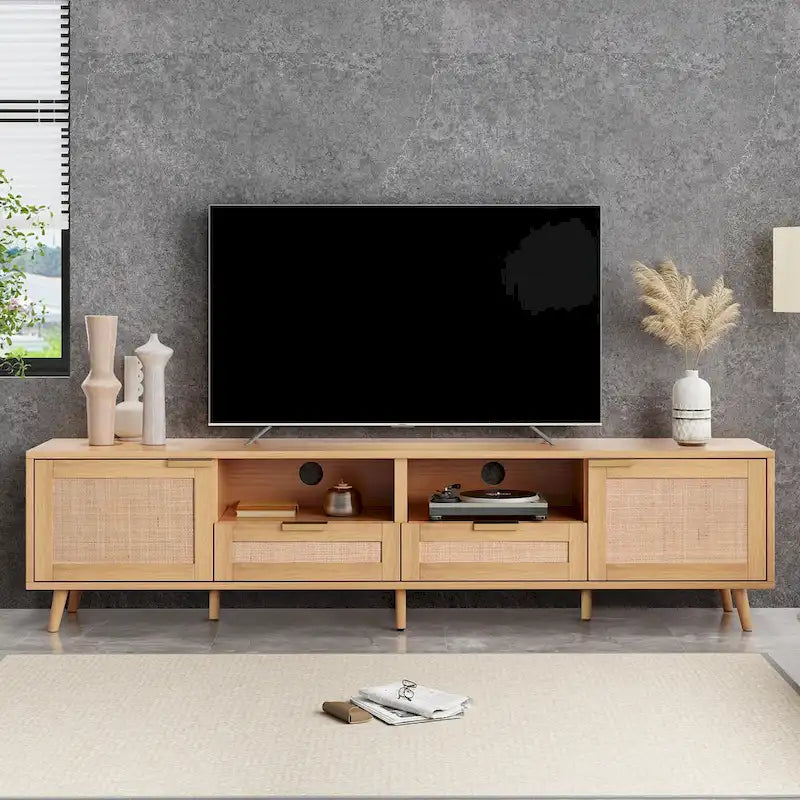 Rattan TV Stand for 85" TVs with Solid Wood Legs & LED Lights – 78.74"