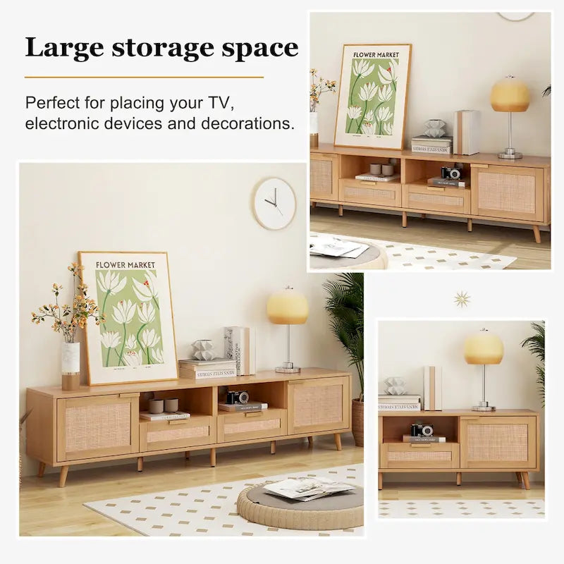 Rattan TV Stand for 85" TVs with Solid Wood Legs & LED Lights – 78.74"