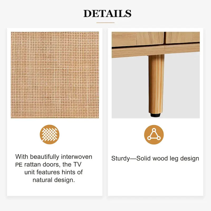 Rattan TV Stand for 85" TVs with Solid Wood Legs & LED Lights – 78.74"