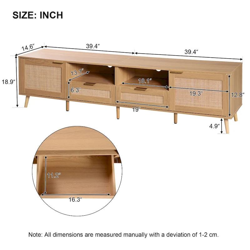 Rattan TV Stand for 85" TVs with Solid Wood Legs & LED Lights – 78.74"