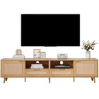 Rattan TV Stand for 85" TVs with Solid Wood Legs & LED Lights – 78.74"