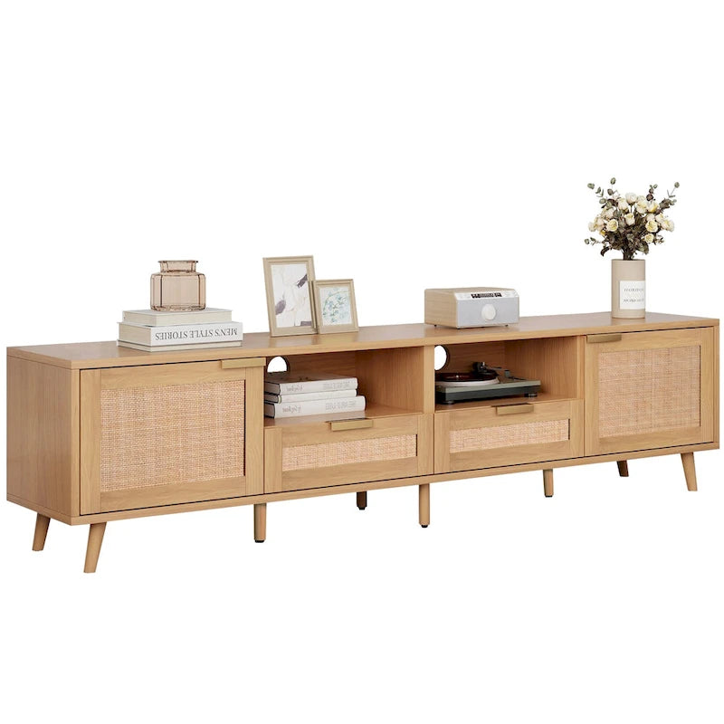 Rattan TV Stand for 85" TVs with Solid Wood Legs & LED Lights – 78.74"