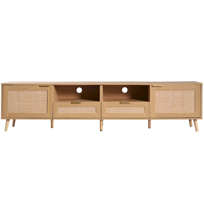 Rattan TV Stand for 85" TVs with Solid Wood Legs & LED Lights – 78.74"