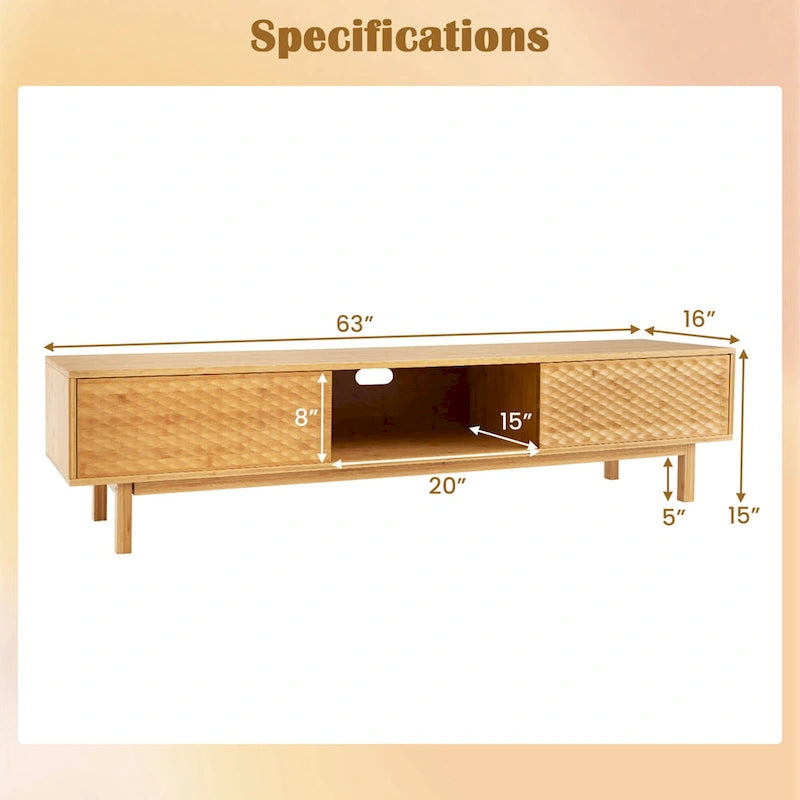 63" Bamboo TV Stand with 3 Storage Compartments & Diamond Sliding Doors