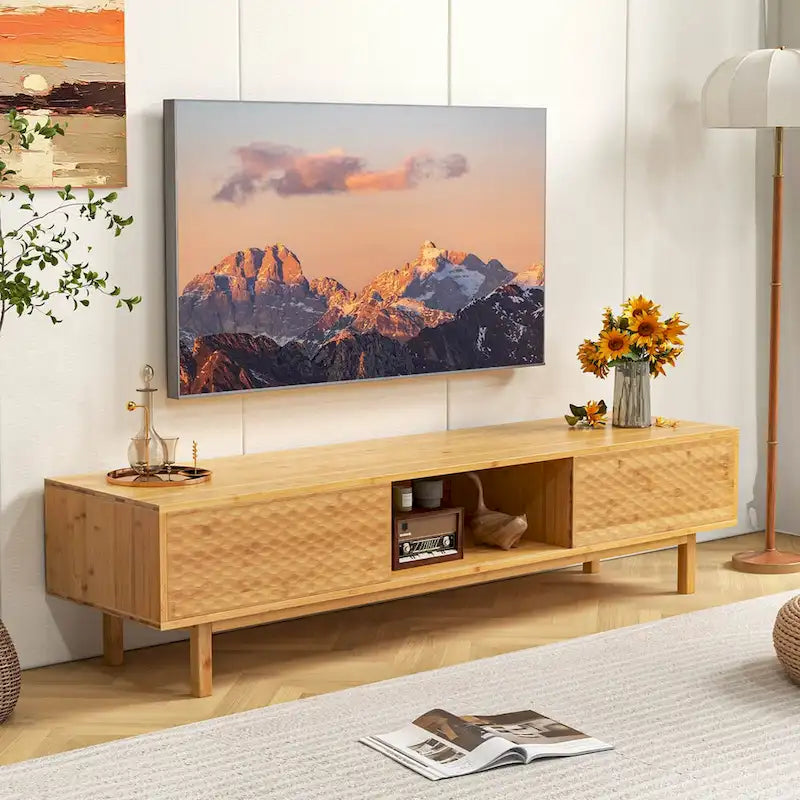 63" Bamboo TV Stand with 3 Storage Compartments & Diamond Sliding Doors