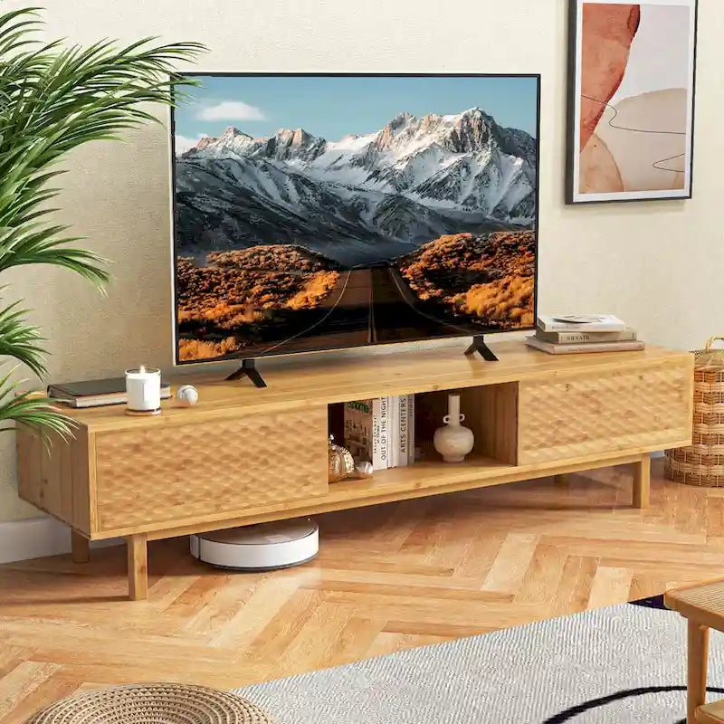 63" Bamboo TV Stand with 3 Storage Compartments & Diamond Sliding Doors