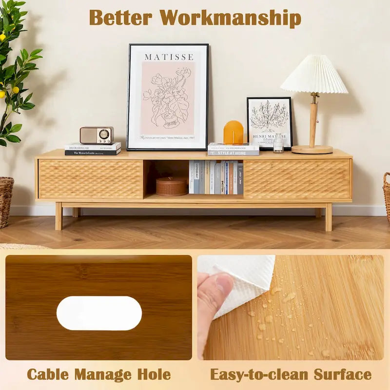 63" Bamboo TV Stand with 3 Storage Compartments & Diamond Sliding Doors