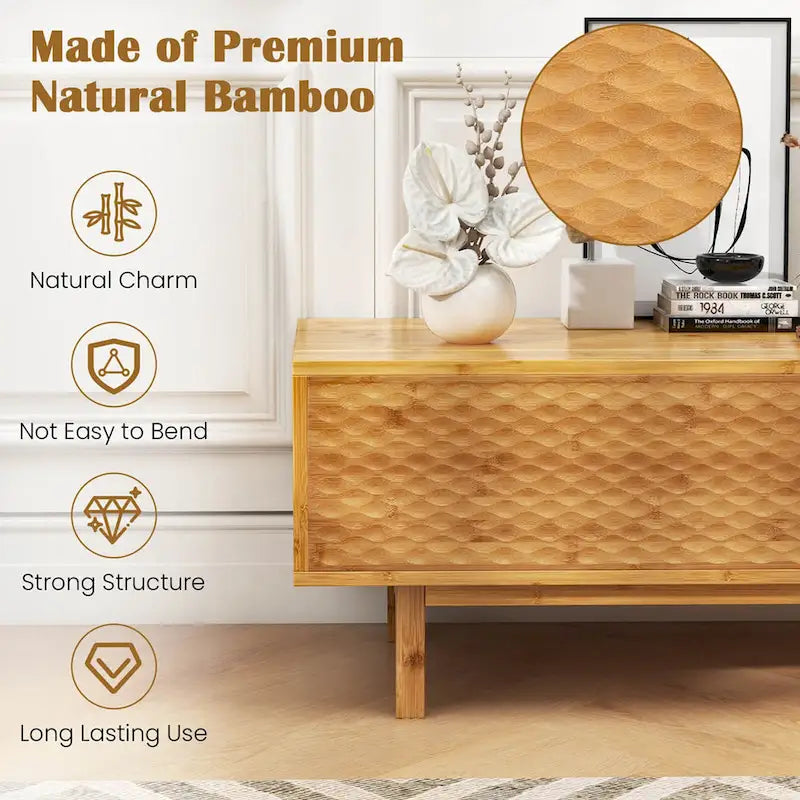 63" Bamboo TV Stand with 3 Storage Compartments & Diamond Sliding Doors