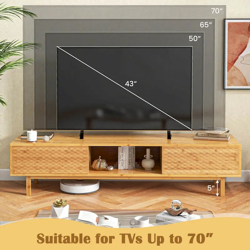 63" Bamboo TV Stand with 3 Storage Compartments & Diamond Sliding Doors