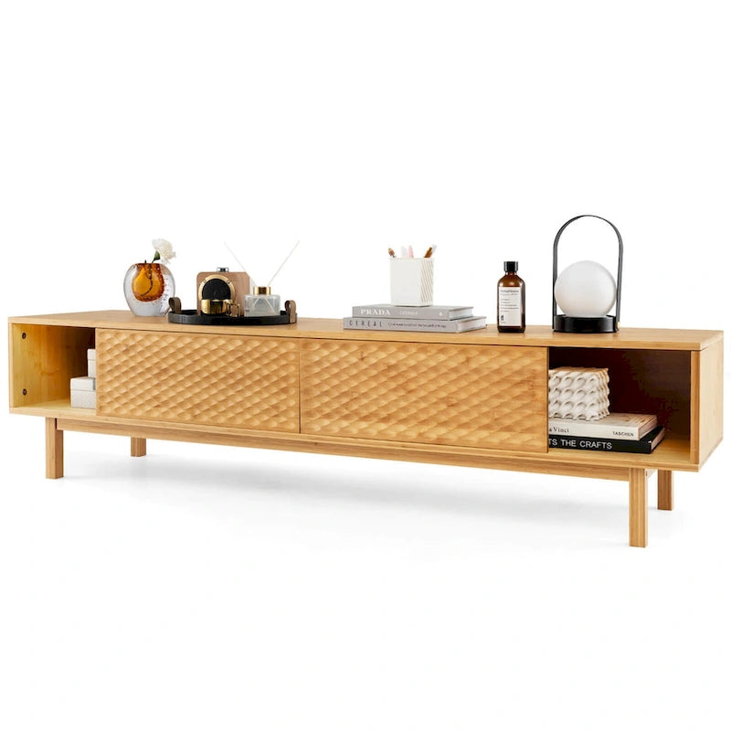 63" Bamboo TV Stand with 3 Storage Compartments & Diamond Sliding Doors