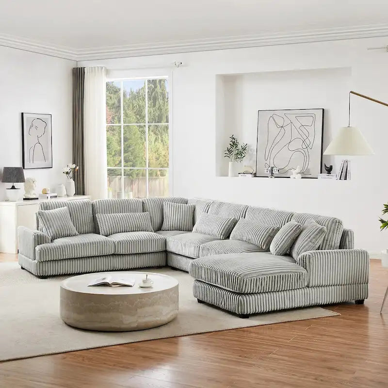 Corduroy Sectional Sofa U-shaped Sofa Couch, Upholstered Deep Seat Sofa with Cushions and Pillows for Living Room