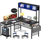 Reversible L-shaped Computer Desk with Storage Shelves and LED Strip and Power Outlets,Corner Desk Gaming Table