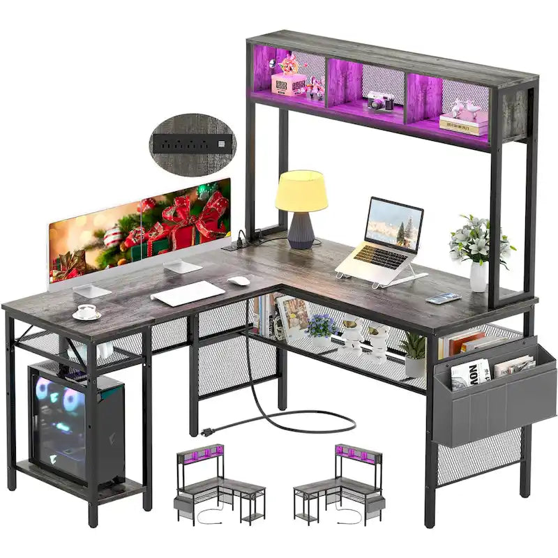 Reversible L-shaped Computer Desk with Storage Shelves and LED Strip and Power Outlets,Corner Desk Gaming Table