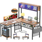 Reversible L-shaped Computer Desk with Storage Shelves and LED Strip and Power Outlets,Corner Desk Gaming Table