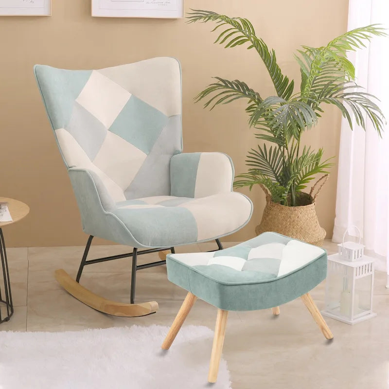 35.4" High Back Upholstered Rocking Chair with Ottoman & Wood Legs – Colorful Splicing Design