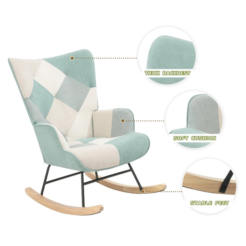 35.4" High Back Upholstered Rocking Chair with Ottoman & Wood Legs – Colorful Splicing Design