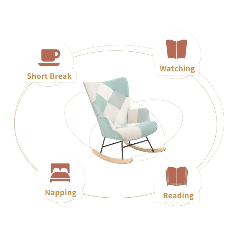 35.4" High Back Upholstered Rocking Chair with Ottoman & Wood Legs – Colorful Splicing Design