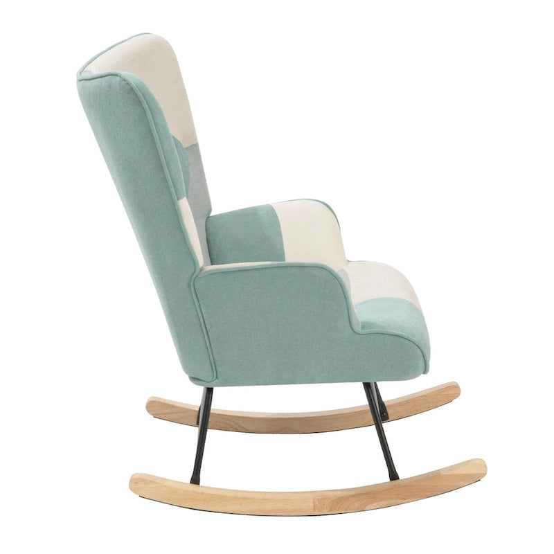 35.4" High Back Upholstered Rocking Chair with Ottoman & Wood Legs – Colorful Splicing Design