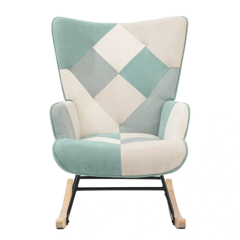 35.4" High Back Upholstered Rocking Chair with Ottoman & Wood Legs – Colorful Splicing Design
