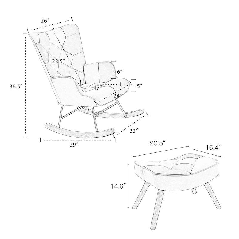35.4" High Back Upholstered Rocking Chair with Ottoman & Wood Legs – Colorful Splicing Design