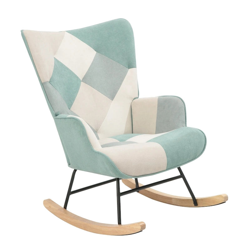35.4" High Back Upholstered Rocking Chair with Ottoman & Wood Legs – Colorful Splicing Design