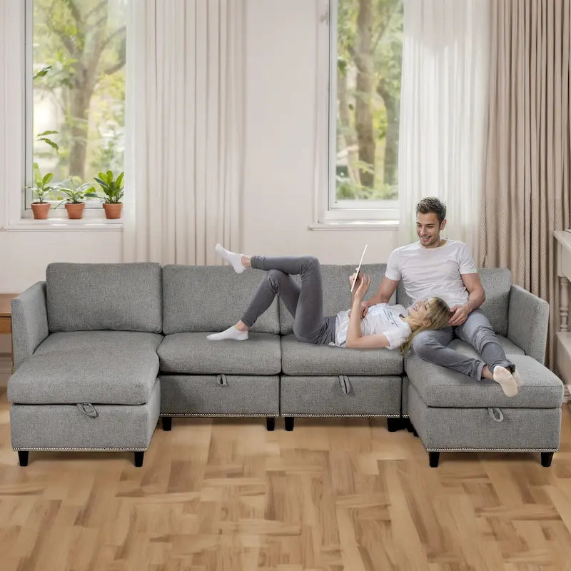 100 Spacious U-Shaped 6 Seater Sectional Sofa with Storage, Reversible Chaise and Comfortable Deep Cushions