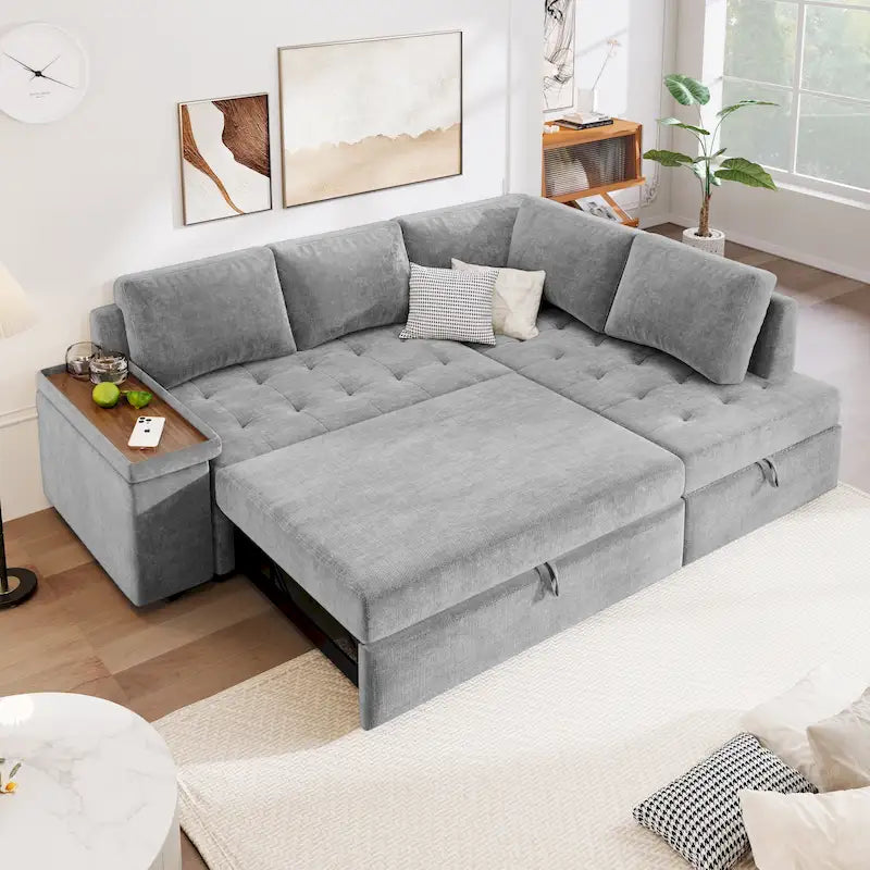 91.5 L-Shaped 4 Seater Sectional Sofa Couch with Pull-Out Bed, Hidden Storage and Functional Armrests, for Living Room