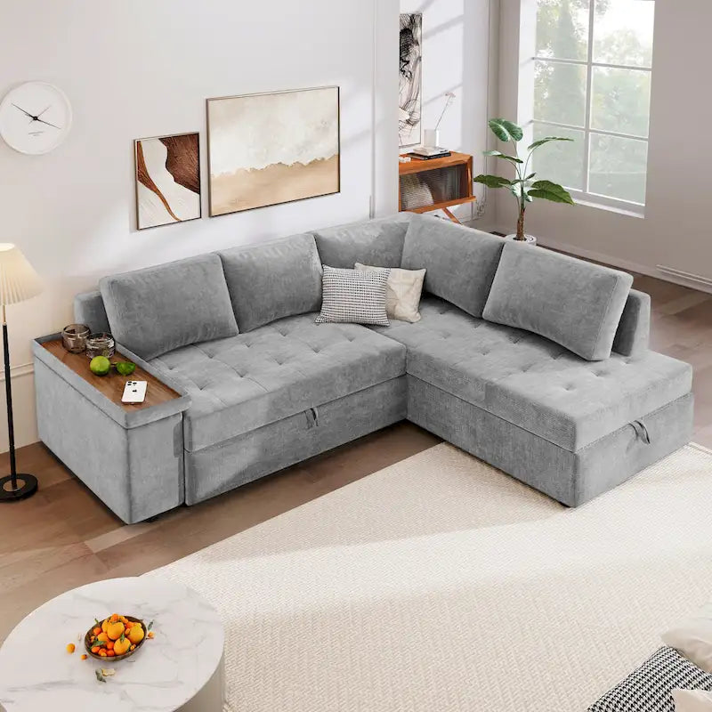 91.5 L-Shaped 4 Seater Sectional Sofa Couch with Pull-Out Bed, Hidden Storage and Functional Armrests, for Living Room