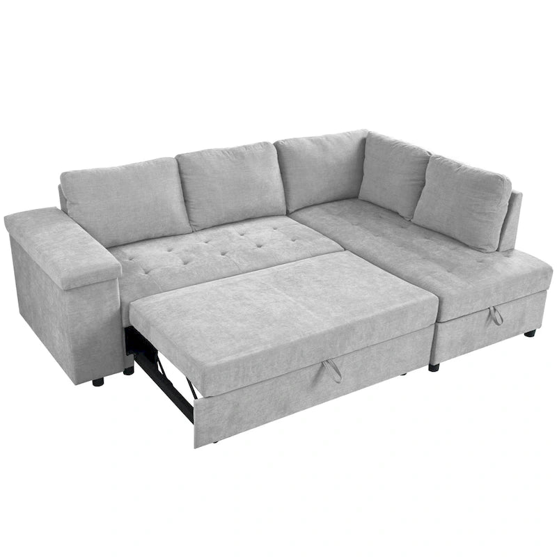 91.5 L-Shaped 4 Seater Sectional Sofa Couch with Pull-Out Bed, Hidden Storage and Functional Armrests, for Living Room