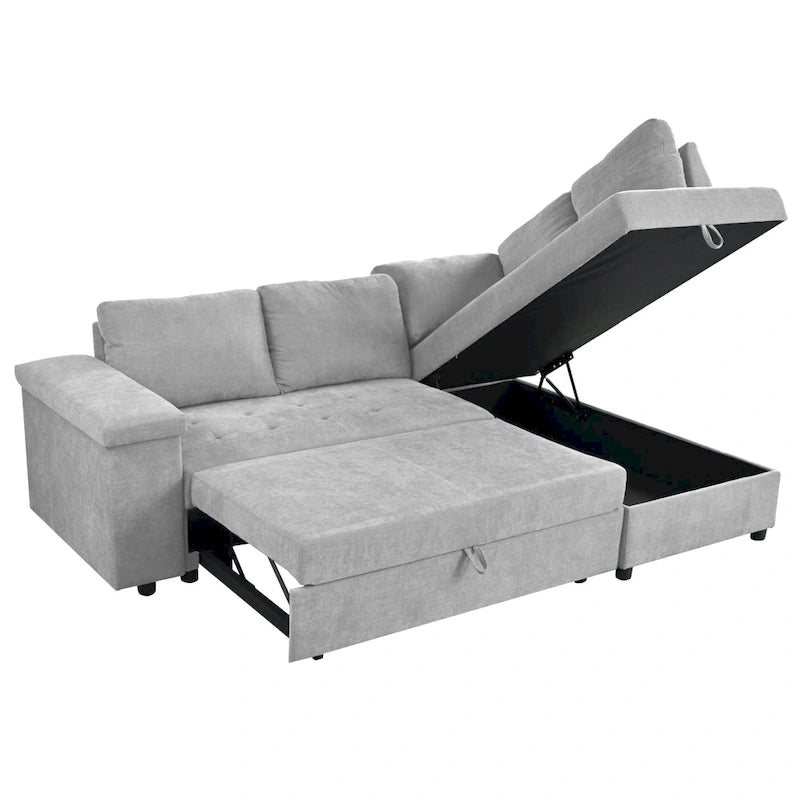 91.5 L-Shaped 4 Seater Sectional Sofa Couch with Pull-Out Bed, Hidden Storage and Functional Armrests, for Living Room