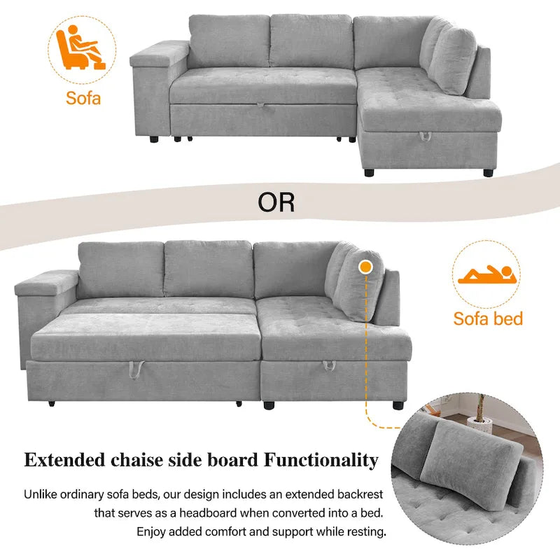 91.5 L-Shaped 4 Seater Sectional Sofa Couch with Pull-Out Bed, Hidden Storage and Functional Armrests, for Living Room