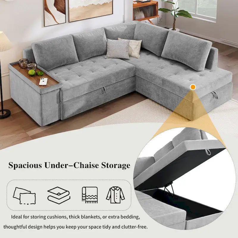 91.5 L-Shaped 4 Seater Sectional Sofa Couch with Pull-Out Bed, Hidden Storage and Functional Armrests, for Living Room