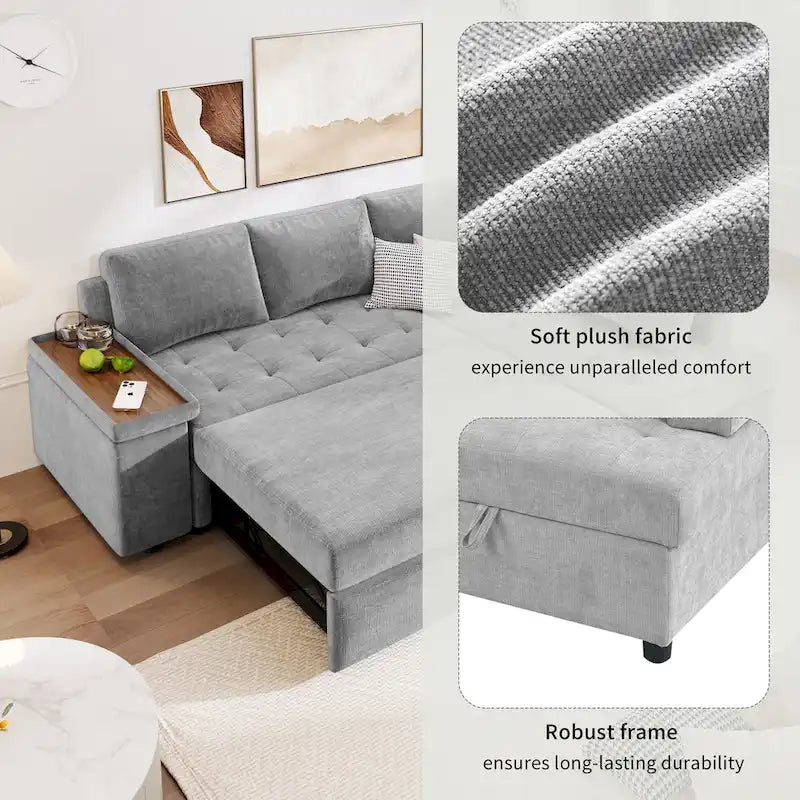 91.5 L-Shaped 4 Seater Sectional Sofa Couch with Pull-Out Bed, Hidden Storage and Functional Armrests, for Living Room