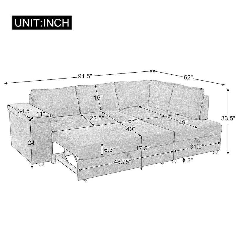 91.5 L-Shaped 4 Seater Sectional Sofa Couch with Pull-Out Bed, Hidden Storage and Functional Armrests, for Living Room